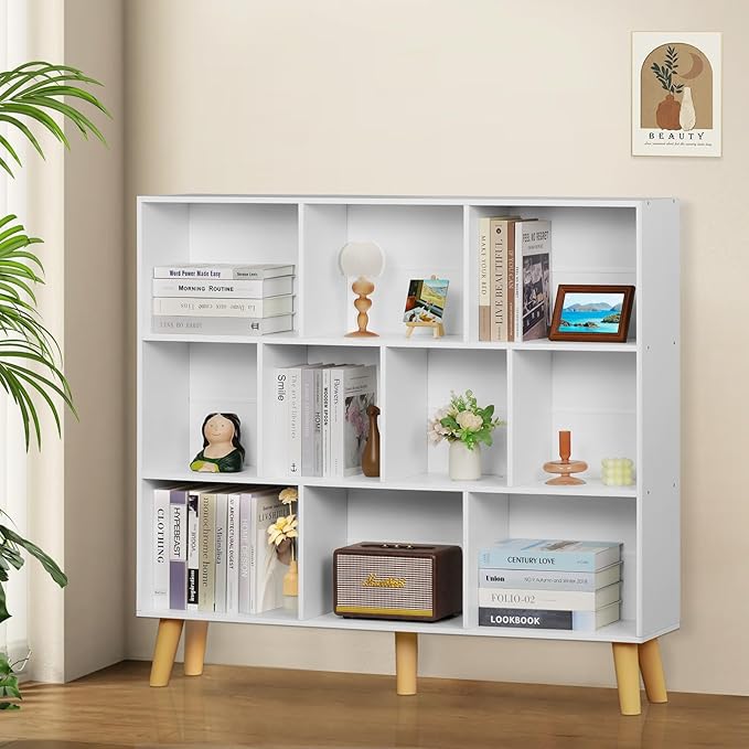 YAHARBO 10 Cube White Bookshelf,3 Tier Book Shelf with Legs,Modern Minimalist Bookcase,Open Book Shelves Storage Organizer,Frees Standing Wooden Display Bookcases for Small Space,Bedroom,Living Room - LeafyLoom