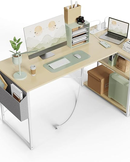 L Shaped Computer Desk with Power Outlets, 47 Inch Gaming Desk, Small Desk Corner Desk with Reversible Shelves, Study Desk Writing Desk for Home Office Bedroom, Work from Home, Beige - LeafyLoom