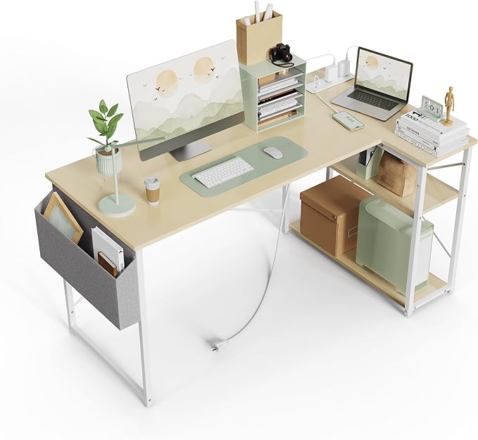 L Shaped Computer Desk with Power Outlets, 47 Inch Gaming Desk, Small Desk Corner Desk with Reversible Shelves, Study Desk Writing Desk for Home Office Bedroom, Work from Home, Beige - LeafyLoom
