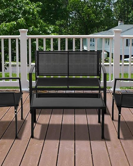 FDW 4 Piece Patio Conversation Sets with Metal Patio Furniture Tempered Glass Tabletop Waterproof Textilene for Outside Backyard Lawn Balcony - LeafyLoom
