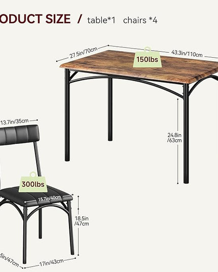 IDEALHOUSE Dining Table Set for 4, Kitchen Table and Chairs for 4, Rectangular Dining Room Table Set with 4 Upholstered Chairs, 5 Piece Kitchen Table Set for Small Space, Apartment, Retro Brown - LeafyLoom