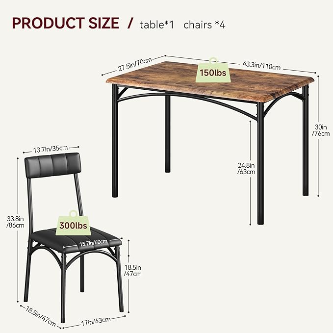 IDEALHOUSE Dining Table Set for 4, Kitchen Table and Chairs for 4, Rectangular Dining Room Table Set with 4 Upholstered Chairs, 5 Piece Kitchen Table Set for Small Space, Apartment, Retro Brown - LeafyLoom