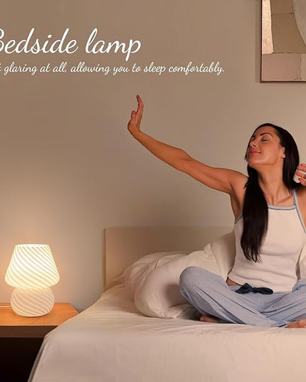 Mushroom Lamps Set of 2 - Small Bedside Table Lamp with Striped Glass, Nightstand Lamp for Bedroom, Living Room, Bulb Included(White) - LeafyLoom