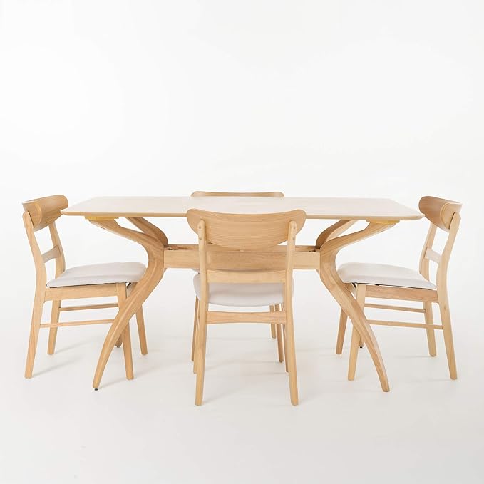 Christopher Knight Home Idalia Curved Leg Rectangular Dining Set, 5-Pcs Set, Natural Oak / Light Beige - LeafyLoom