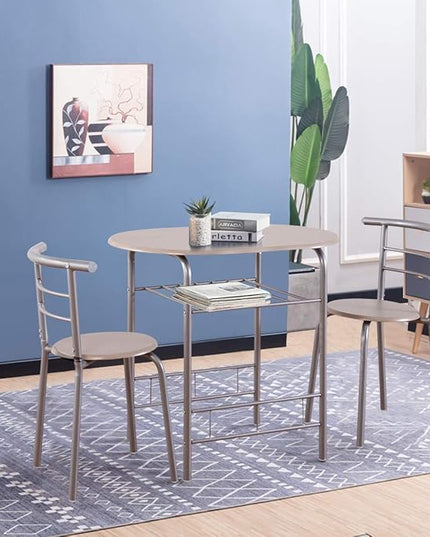 DORTALA 3PCS Dining Table Set, 1 table & 2 chairs set, 3 Piece Compact Dining Set, Oval Table & Mid-back Chairs w/Built-in Wine Rack, Suitable for Small Space, Silver & Natural - LeafyLoom