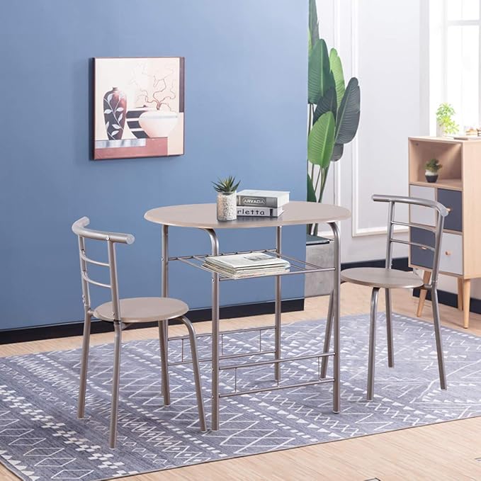 DORTALA 3PCS Dining Table Set, 1 table & 2 chairs set, 3 Piece Compact Dining Set, Oval Table & Mid-back Chairs w/Built-in Wine Rack, Suitable for Small Space, Silver & Natural - LeafyLoom