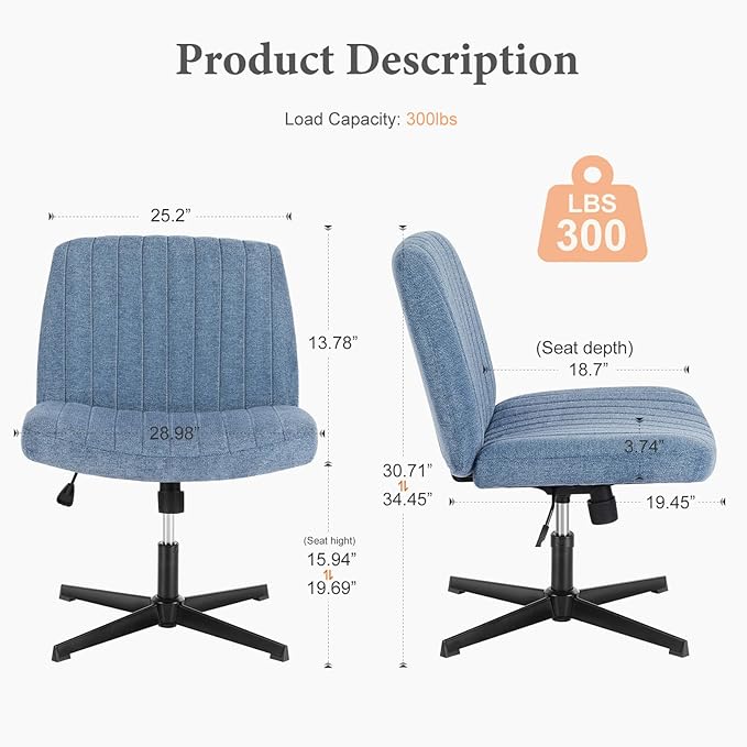 Sweetcrispy Criss Cross Chair Legged, Armless Office Desk Chair No Wheels, Swivel Vanity Chair, Height Adjustable Wide Seat Computer Task Chair, Fabric Vanity Modern Home Chair Blue - LeafyLoom