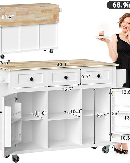 Rolling Kitchen Island with Drop Leaf Kitchen Island On Wheels with Storage Large 53in Wood Portable Kitchen Islands White with Drawers Cabinet Spice Towel Rack Storage for Kitchen - LeafyLoom