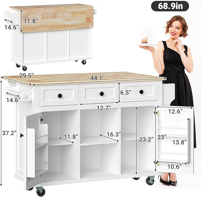 Rolling Kitchen Island with Drop Leaf Kitchen Island On Wheels with Storage Large 53in Wood Portable Kitchen Islands White with Drawers Cabinet Spice Towel Rack Storage for Kitchen - LeafyLoom