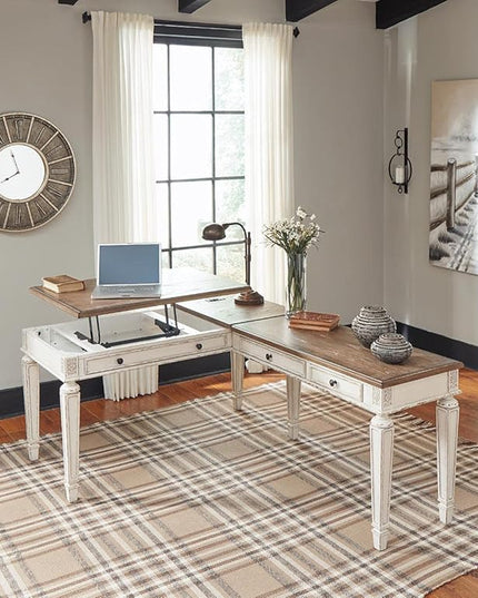 Signature Design by Ashley Realyn French Country 60" Home Office Lift Top Desk with USB Charging, Chipped White - LeafyLoom