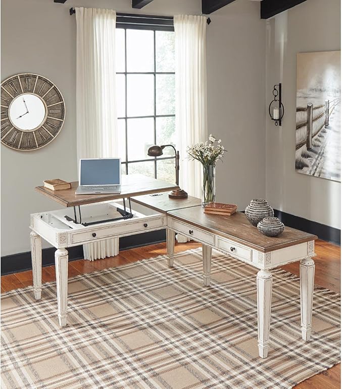 Signature Design by Ashley Realyn French Country 60" Home Office Lift Top Desk with USB Charging, Chipped White - LeafyLoom