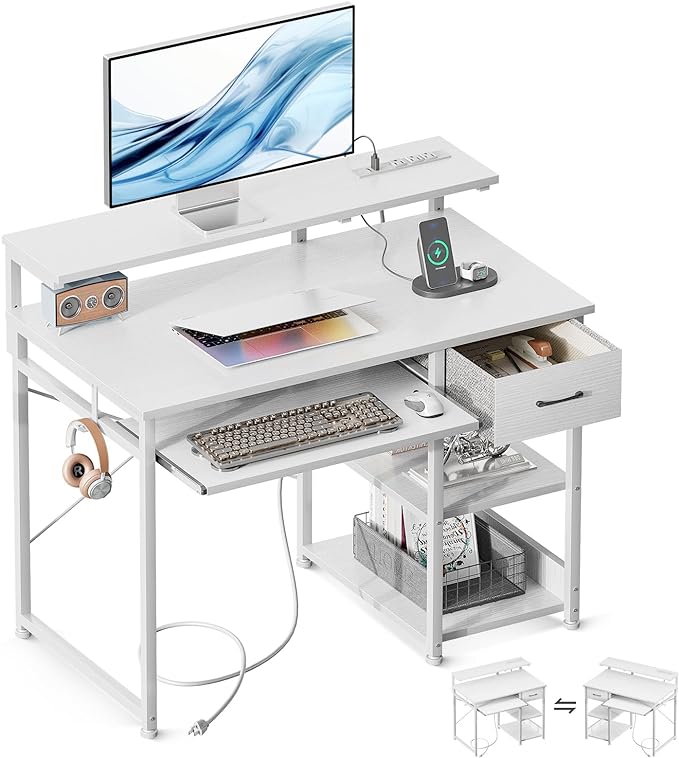AODK Small Computer Desk with Keyboard Tray, 40 Inch Office Desk with Power Outlet, Work Desk with Drawer, Reversible Desk with Adjustable Monitor Shelf and Storage Shelf for Home, White - LeafyLoom