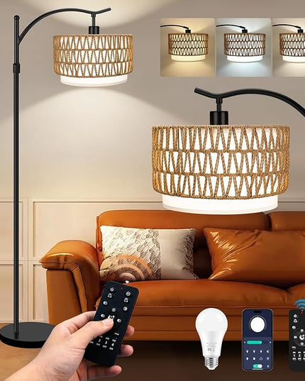 Arc Floor Lamp for Living Room with 3 Color Temperatures, Farmhouse Floor Lamps with Remote & Dimmable Bulb, Rattan Boho Standing Lamp with Fabric Shades, Adjustable Tall Lamp for Bedroom Office - LeafyLoom