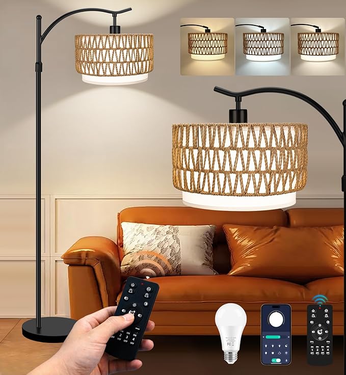 Arc Floor Lamp for Living Room with 3 Color Temperatures, Farmhouse Floor Lamps with Remote & Dimmable Bulb, Rattan Boho Standing Lamp with Fabric Shades, Adjustable Tall Lamp for Bedroom Office - LeafyLoom