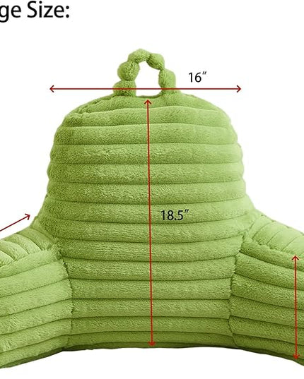WERDIM Reading Pillow for Sitting in Bed, Faux Fur Back Pillow for Bed Rest, Bed Chair Pillow with Arms and Pockets(Large, Apple Green) - LeafyLoom