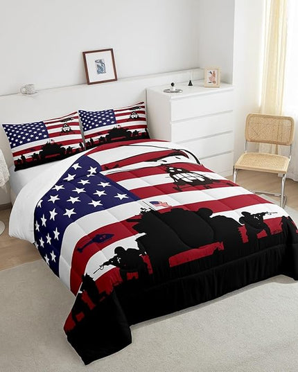 Feelyou American Flag Comforter Set for Girls Kids Boys Men Soldier Rifle Helicopter Tank Bedding Set Red Blue Stars Stripes USA Flag Comforter Room Decor Army Guns Military Down Comforter Twin Size - LeafyLoom
