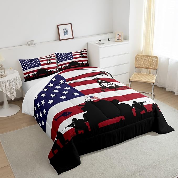 Feelyou American Flag Comforter Set for Girls Kids Boys Men Soldier Rifle Helicopter Tank Bedding Set Red Blue Stars Stripes USA Flag Comforter Room Decor Army Guns Military Down Comforter Twin Size - LeafyLoom
