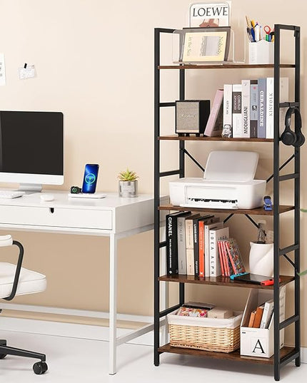 Yoobure 5 Tier Bookshelf - Tall Book Shelf Modern Bookcase for CDs/Movies/Books, Rustic Book Case Industrial Bookshelves Book Storage Organizer for Bedroom Home Office Living Room Rustic Brown - LeafyLoom