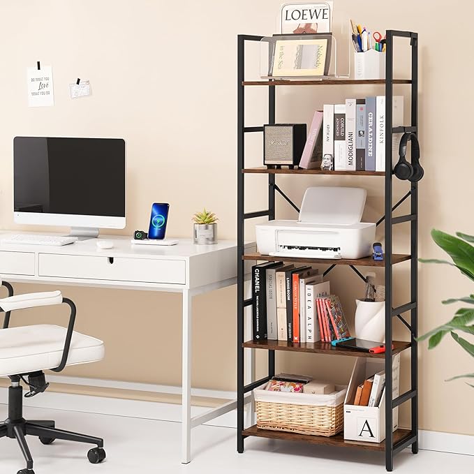 Yoobure 5 Tier Bookshelf - Tall Book Shelf Modern Bookcase for CDs/Movies/Books, Rustic Book Case Industrial Bookshelves Book Storage Organizer for Bedroom Home Office Living Room Rustic Brown - LeafyLoom