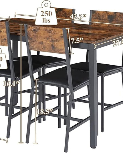 4 Chairs Dining Table Set for 4-8, Modern Space Saving Kitchen Desk, Wooden Industrial Style Farmhouse, 47", Leather Black Brown - LeafyLoom