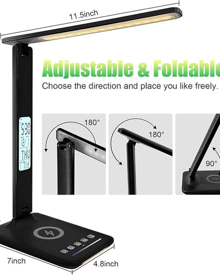 Desk Lamp with Wireless Charger, USB Charging Port, Dimmable Office Desk Light with Clock, Alarm, Date, Temperature, Foldable Lamp for Table Bedroom Bedside Office (Black Pro) - LeafyLoom