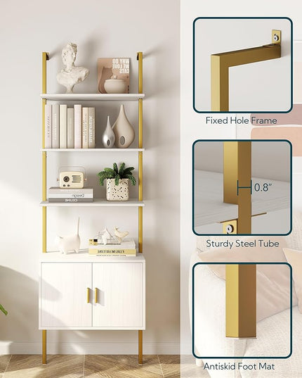 Yusong 73" Tall Bookshelf with Cabinet, Industrial Ladder Wall Mount Shelf Bookcase with Wood and Metal Frame, Plant Shelf Wall Storage Display for Living Room Bedroom, White Gold - LeafyLoom
