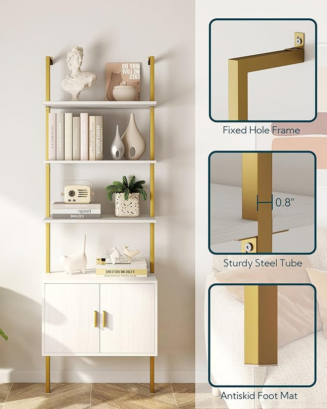 Yusong 73" Tall Bookshelf with Cabinet, Industrial Ladder Wall Mount Shelf Bookcase with Wood and Metal Frame, Plant Shelf Wall Storage Display for Living Room Bedroom, White Gold - LeafyLoom