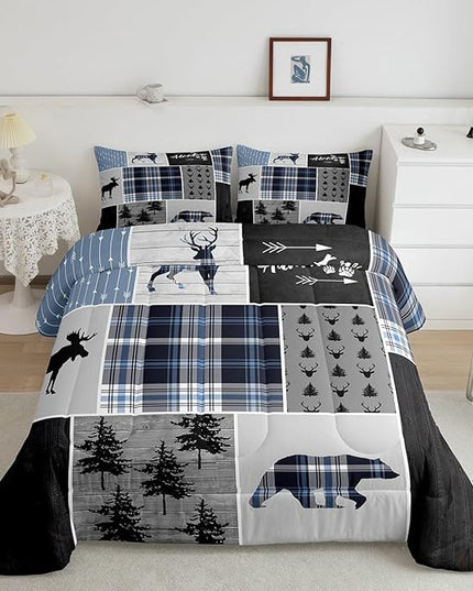 Rustic Adventure Kids Comforter Set Queen Size,Deer Bear Pine Trees Xmas Bedding Set for Boys Girls Adults Room Decor,Plaids Arrows Wooden Patchwork Down Comforter,Blue Duvet Insert,2 Pillowcases - LeafyLoom