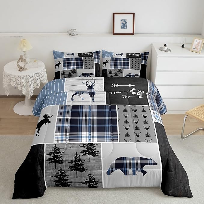 Rustic Adventure Kids Comforter Set Queen Size,Deer Bear Pine Trees Xmas Bedding Set for Boys Girls Adults Room Decor,Plaids Arrows Wooden Patchwork Down Comforter,Blue Duvet Insert,2 Pillowcases - LeafyLoom