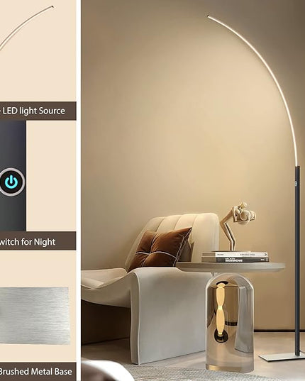 Arc Corner Floor Lamp - 3000K Warm White & 3 Brightness Presets - Curved LED Standing Lamp with Touch Switch - 63" Modern Floor Lamp for Living Room, Bedroom (Black) - LeafyLoom