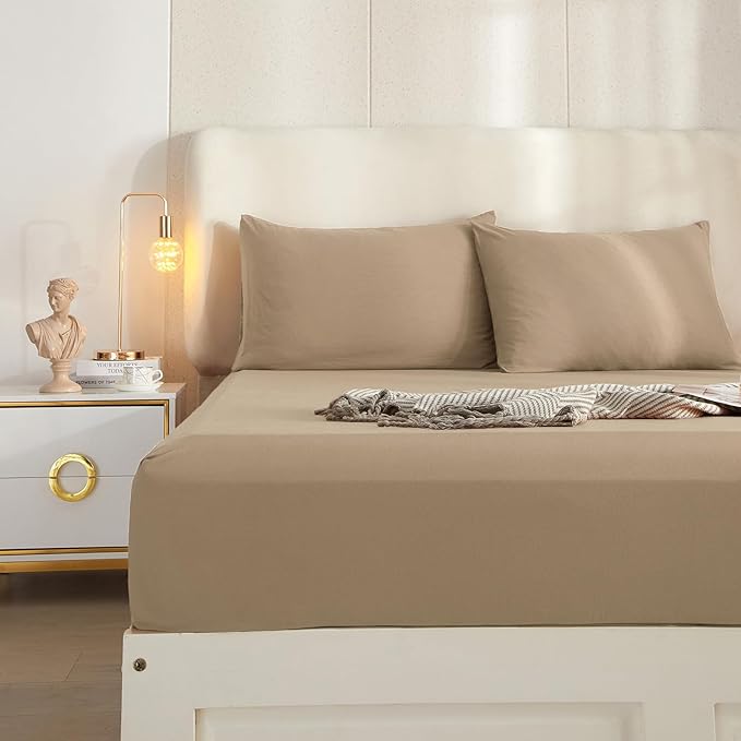 HighBuy Twin Bed Sheets Set - 3 Piece Bedding - Khaki Washed Microfiber Sheets Twin,Breathable Sheets Shrinkage and Fade Resistant - Deep Pocket 16 Inch - Easy Fit Fitted Sheet,Pillowcases Set - LeafyLoom