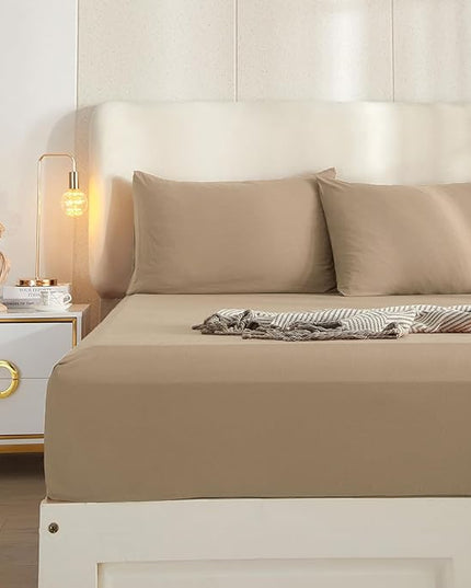 HighBuy Khaki Sheets for Queen Size Bed,4 Piece Cooling Sheets Queen Deep Pocket up to 16 Inch,Solid Bedding Sheets & Pillowcases Set,Wrinkle, Fade, Stain Resistant - 4 Piece (Queen, Khaki) - LeafyLoom