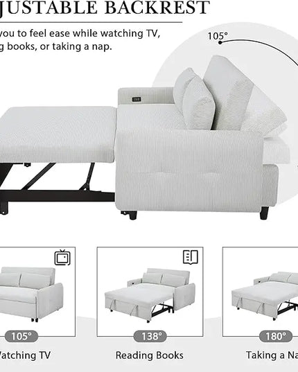 3-in-1 Corduroy Upholstered Futon Loveseat Sofa w/Pull Out Bed and USB Ports, 57.48" Pullout Couch Chaise Lounge with Adjustable Backrest and Throw Pillows for Living Room Small Space - LeafyLoom