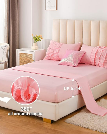 A Nice Night Waterfall Flutter Ruffle Comforter Set,Ruffled Textured Soft Chic Princess 6pcs Bedding Set,with Bling Shiny Sequin Throw Pillow Case,Pink,Full - LeafyLoom