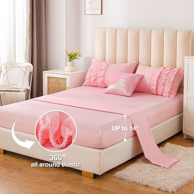 A Nice Night Waterfall Flutter Ruffle Comforter Set,Ruffled Textured Soft Chic Princess 6pcs Bedding Set,with Bling Shiny Sequin Throw Pillow Case,Pink,Twin - LeafyLoom