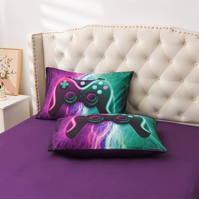 Meeting Story Gamer Gaming Bedding Sets Black Pink Lightnings Gamepad Comforter Set for Boys Games Console Action Buttons Novelty Colorful Modern Room Decor Home Quilt Set (Green-Purple, Twin 5Pcs) - LeafyLoom
