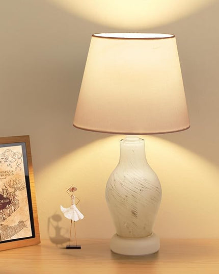 Modern Table Lamp-Small Bedside Nightstand Lamp with Wine Bottle Shape Glass Body, Desk Lamp for Reading, 3000K Bulb Included, 14", White - LeafyLoom