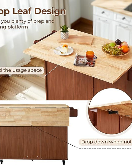 54" Large Kitchen Island Cart with Drop Leaf, Kitchen Island with Storage, Rolling Kitchen Island with Inside Cabinet, 3 Drawers, Spice Rack, Towel Rack and Wood Tabletop(Brown) - LeafyLoom