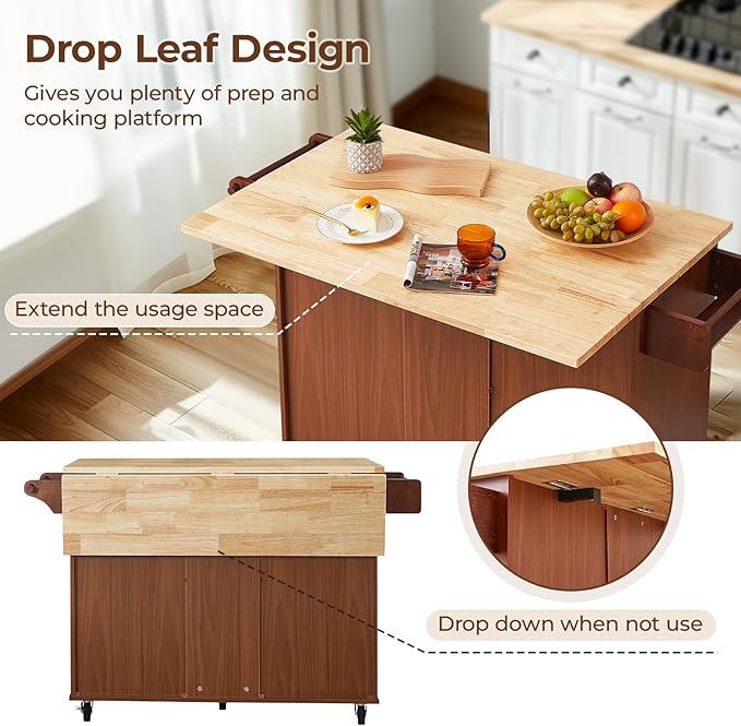 54" Large Kitchen Island Cart with Drop Leaf, Kitchen Island with Storage, Rolling Kitchen Island with Inside Cabinet, 3 Drawers, Spice Rack, Towel Rack and Wood Tabletop(Brown) - LeafyLoom
