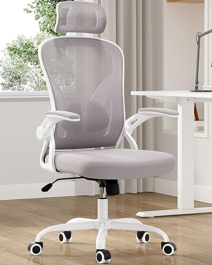Farini Ergonomic Office Chair, Home Office Desk Chair with Headrest, High Back Computer Chair with Flip-up Armrests and Adjustable Lumbar Support.for Home Office Study Room Bedroom, Gray. - LeafyLoom