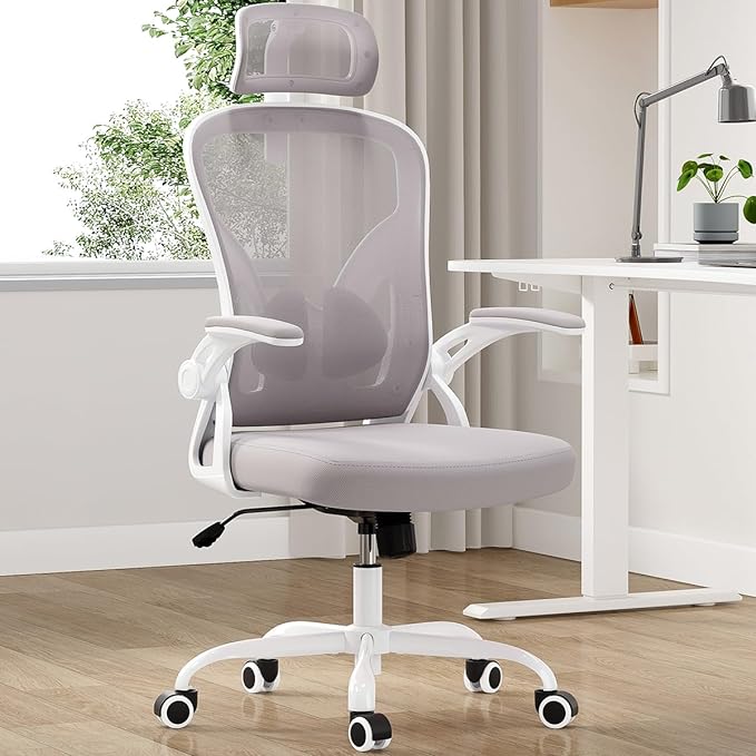 Farini Ergonomic Office Chair, Home Office Desk Chair with Headrest, High Back Computer Chair with Flip-up Armrests and Adjustable Lumbar Support.for Home Office Study Room Bedroom, Gray. - LeafyLoom