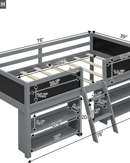 Twin Size Low loft Bed with Movable Shelves for Kids,Kids Low Loft Bed Frame with Guardrail Chalkboard and Storage,Solid Wood Loft Bed Twin for Boys,Girls(Gray) - LeafyLoom