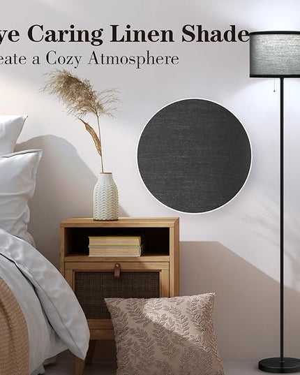 LED Floor Lamp for Living Room, Simple Design Tall Lamp for Bedroom, Modern Floor Lamp with Shade, Black Pole Lamp with Drum Shade, Pull Chain Standing Lamp for Kids Room Dining Room (Bulb Included) - LeafyLoom