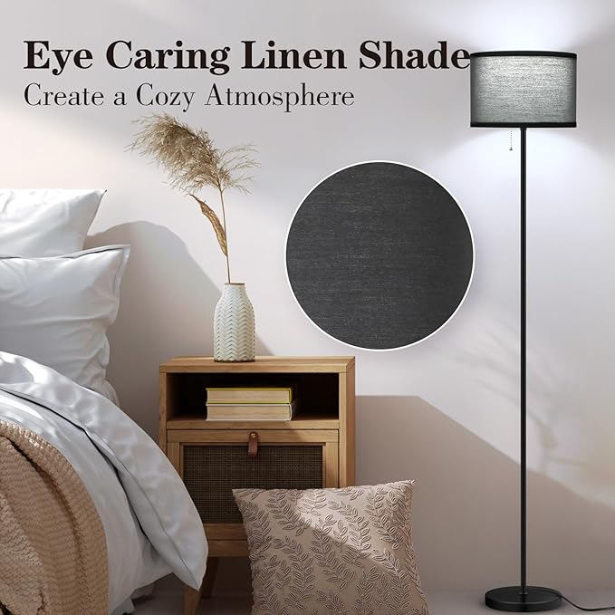 LED Floor Lamp for Living Room, Simple Design Tall Lamp for Bedroom, Modern Floor Lamp with Shade, Black Pole Lamp with Drum Shade, Pull Chain Standing Lamp for Kids Room Dining Room (Bulb Included) - LeafyLoom