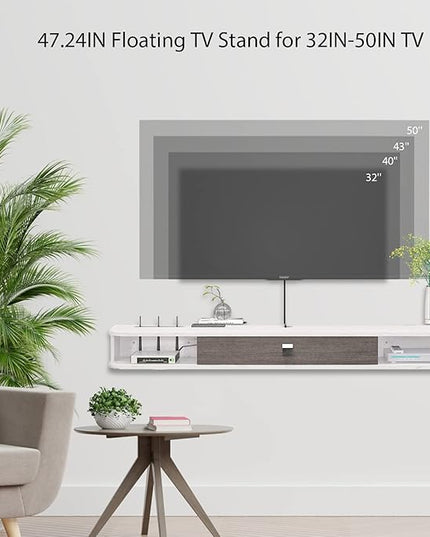 Floating TV Unit, 47'' Wall Mounted TV Cabinet, Floating Shelves with Door, Modern Entertainment Media Console Center Large Storage TV Bench for Living Room & Office (47.24IN, Grey White) - LeafyLoom