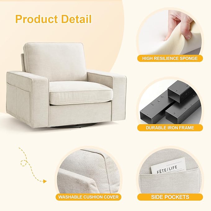 EASELAND Oversized Accent Chair, Reading Chair with Upholstered Chenille Fabric, Sofa Chair with Armrest, Single Sofa Chair for Living Room, Swivel Chair with Wooden Legs, Comfy Chair for Small Spaces - LeafyLoom