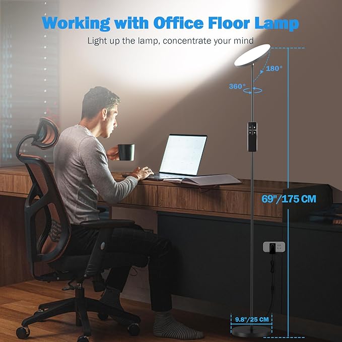 LED Floor Lamp, 3000LM 30W Super Bright Standing Lamp, 300W Equivalent Modern Torchiere Sky Lamp, 2700K-6500K Stepless Dimming with Remote & Touch Control, 69" Tall Lamp for Living Room Bedroom Office - LeafyLoom