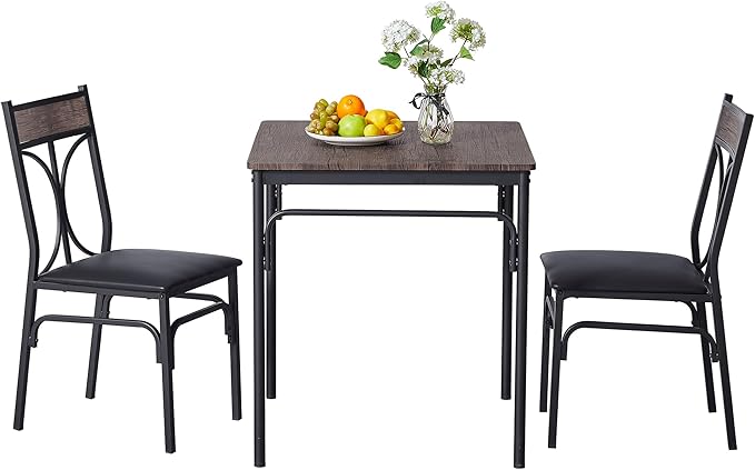 VECELO Kitchen & Dinning Room 3 pieceTable Dinner Table Pu Cushion Chair Small Space,Modern Industrial Style, Dark Brown, Dining set for 2 - LeafyLoom