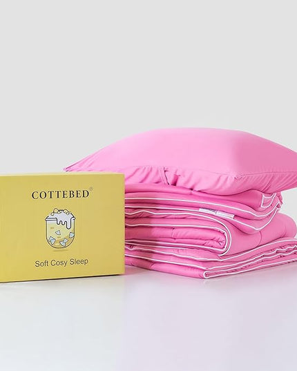 COTTEBED Rose Pink Comforter Queen Size, Jersey Knit T-Shirt Feel Ultra-Soft Cute Cozy Durable Lightweight Bedding Blanket Down Conforter Set and Pillowcase for Women Girl All Season Use Full/Queen - LeafyLoom