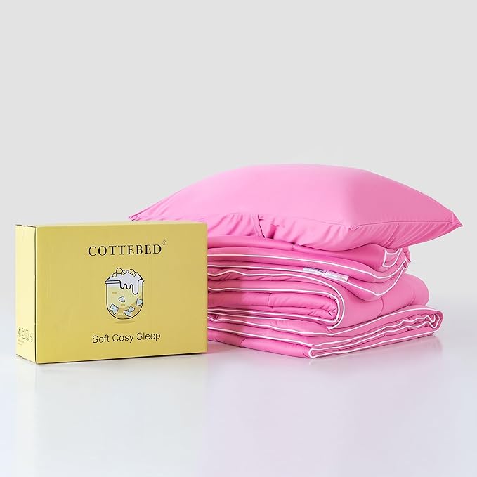 COTTEBED Rose Pink Comforter Queen Size, Jersey Knit T-Shirt Feel Ultra-Soft Cute Cozy Durable Lightweight Bedding Blanket Down Conforter Set and Pillowcase for Women Girl All Season Use Full/Queen - LeafyLoom